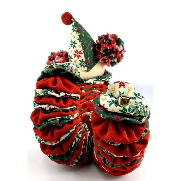 Yoyo Clown Doll Christmas Rag Quilt Fabric Circles Bells 12" Long Vintage - Picture 5 of 8